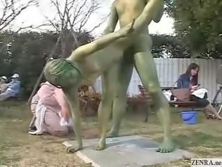 Green Japanese garden statues fuck in public